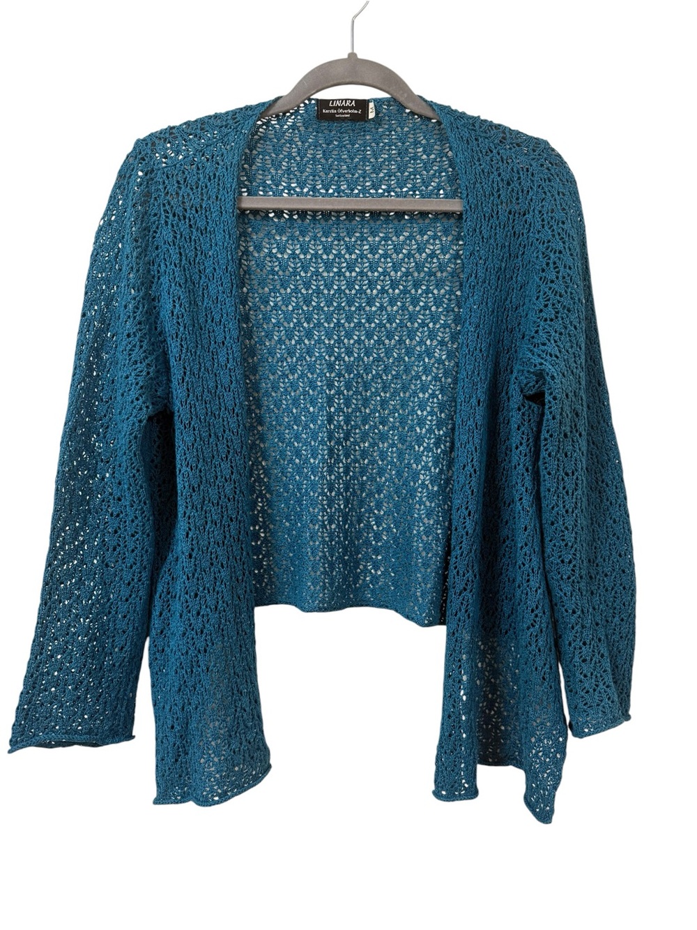 Liliana women’s linen cotton open knit cardigan sweater teal MEDIUM boho Spring